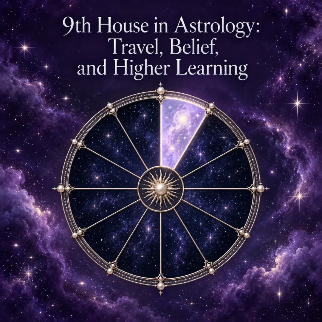 Celestial astrology wheel with the ninth house illuminated against a violet starry sky.