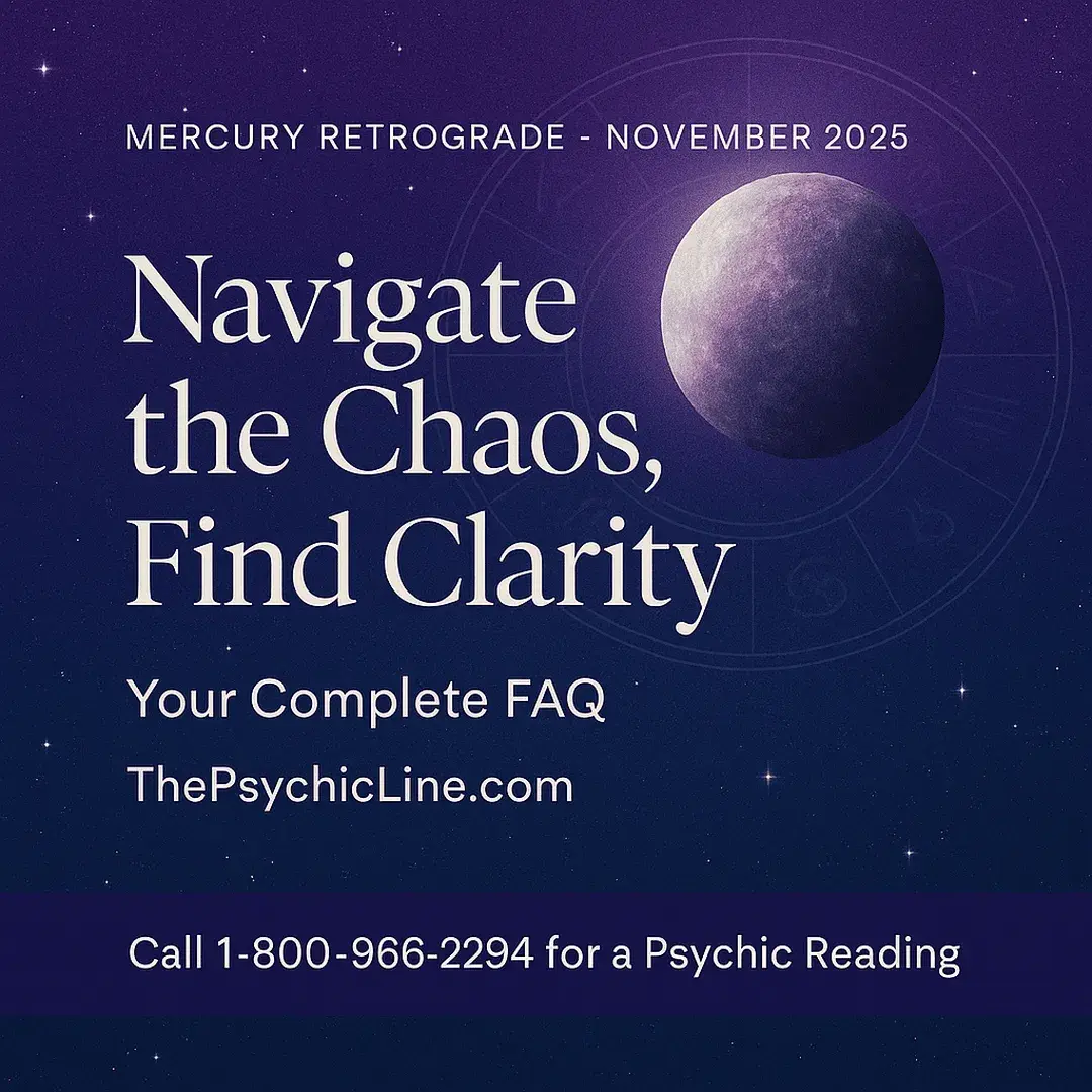 Mercury Retrograde November 2025 cosmic design with glowing planet and text ‘Navigate the Chaos, Find Clarity — The Psychic Line