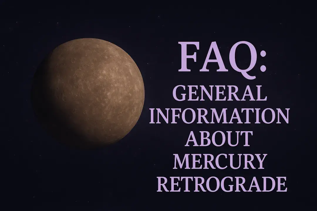 Planet Mercury with violet starry background and light purple text reading 'FAQ: General Information About Mercury Retrograde'