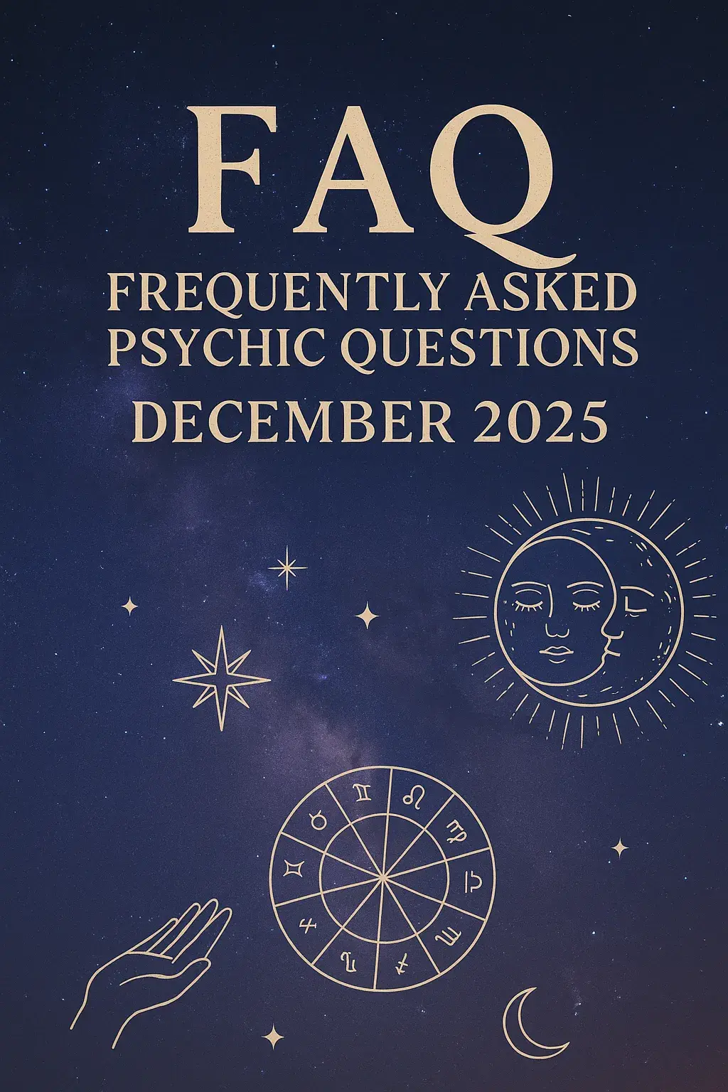 Mystical December 2025 psychic FAQ image with moon, stars, and violet winter solstice theme