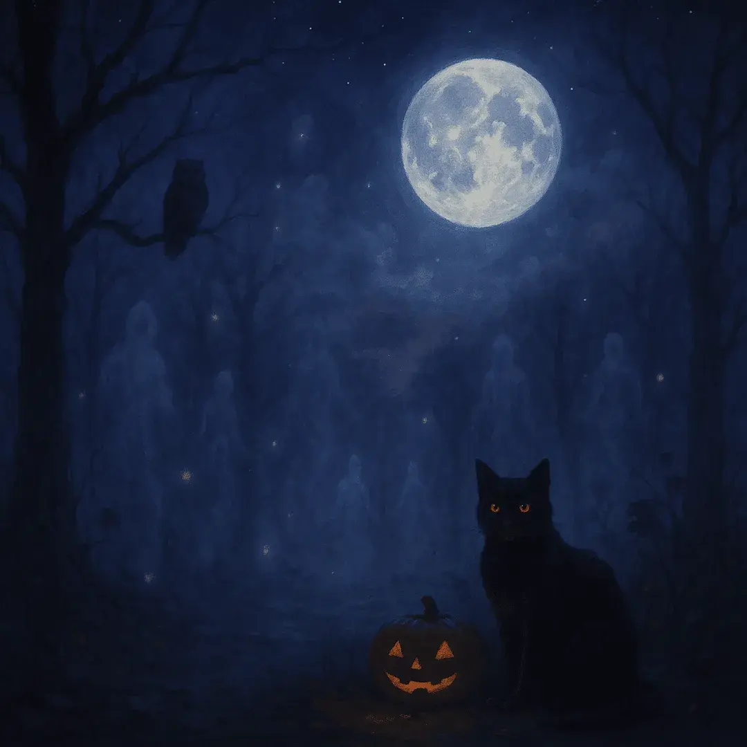 Mystical October night with full moon, glowing orbs, black cat, and spiritual energy in the air—symbolizing the thinning veil between worlds around Halloween.