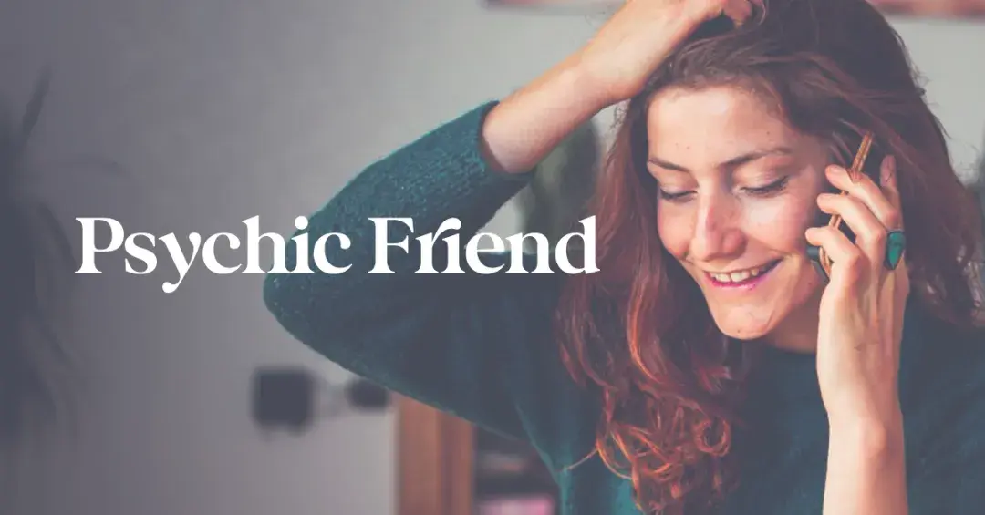 Woman talking on phone with text "psychic friend"