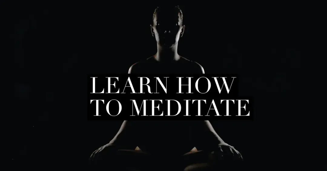 Outline of Lotus Postition on black background with text "learn how to meditate"