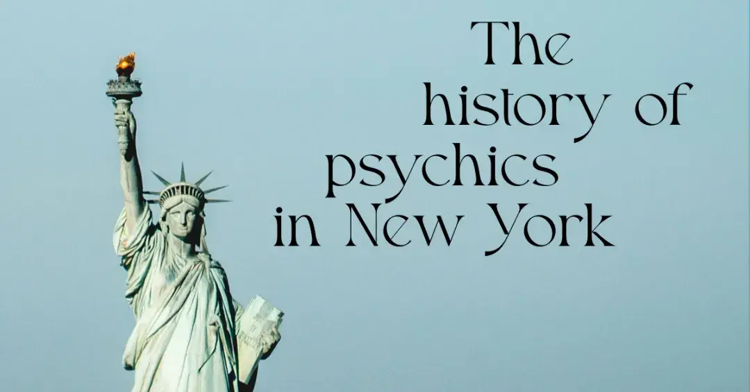statue of liberty with blue sky background text "the history of psychics in new york"