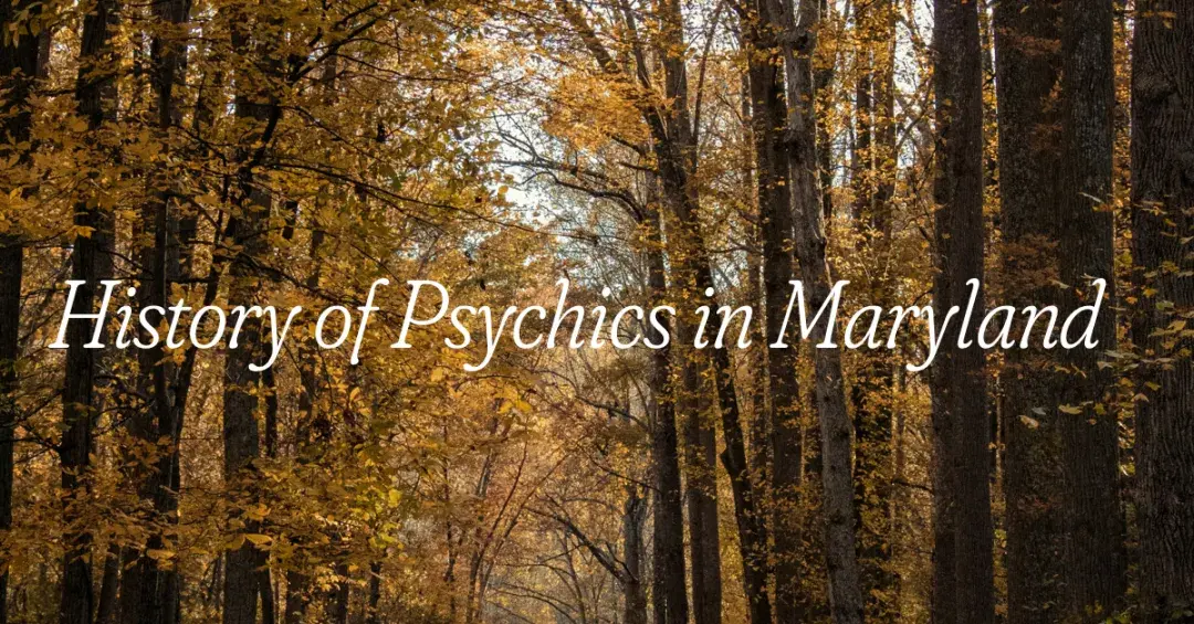 Fall forest with text "history of psychics in Maryland"