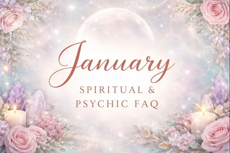 January Spiritual and Psychic FAQ with moon, crystals, candles, and soft feminine lavender tones.
