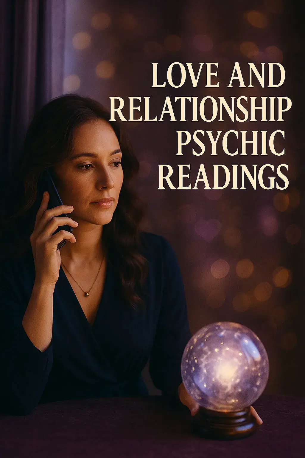 Woman on the phone with glowing crystal ball on table and text reading ‘Love and Relationship Psychic Readings’ in a mystical violet and gold background