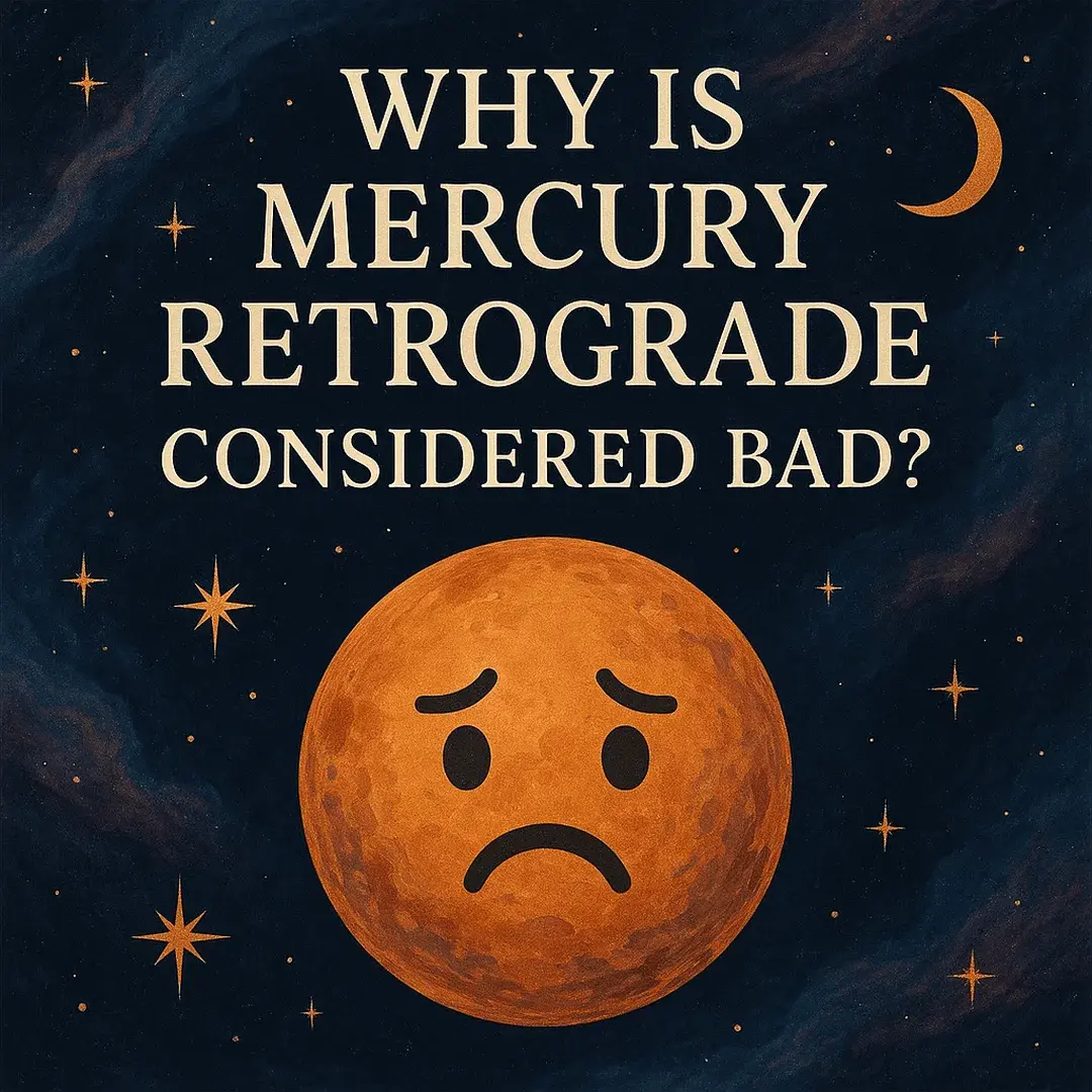 Planet Mercury with a sad face under a starry sky, symbolizing the challenges and chaos of Mercury Retrograde.