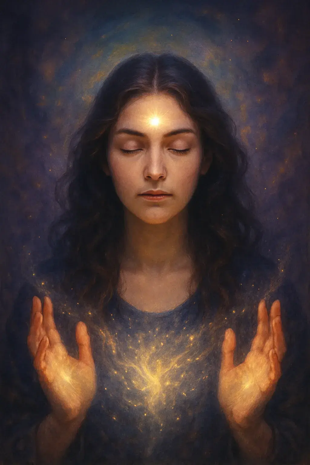 Young woman with glowing third eye and golden energy in hands, symbolizing psychic awakening and intuition