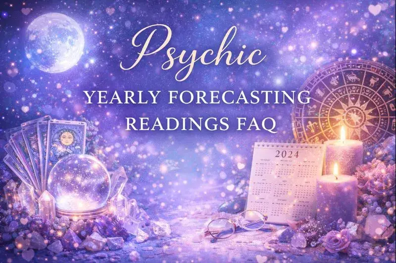 Yearly psychic forecasting guidance with tarot cards, crystal ball, zodiac symbols, moon energy, and spiritual planning imagery