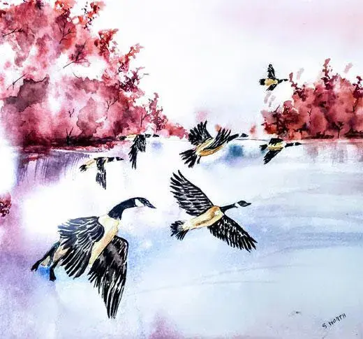 watercolor painting of an icy lake with Canada Geese flying over 