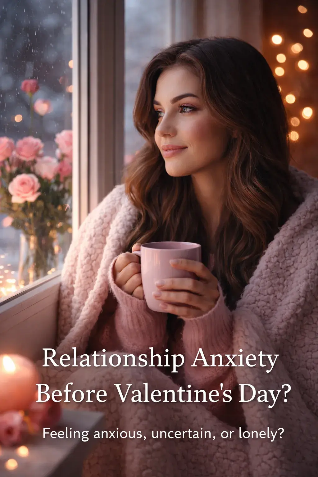 Woman wrapped in a soft pink blanket holding a mug by a window, reflecting on relationship anxiety and emotional uncertainty before Valentine’s Day.