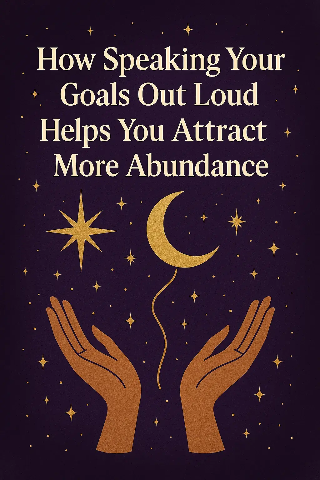 Mystical abundance image with moon, stars, and hands symbolizing speaking goals into reality
