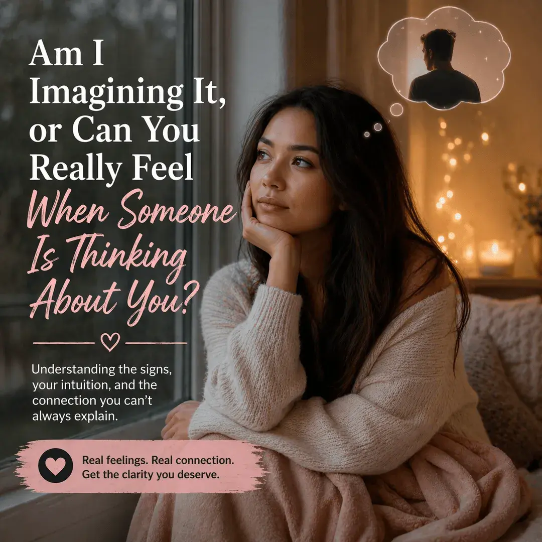 Woman sitting alone thinking deeply and questioning if someone is thinking about her or if she is imagining it