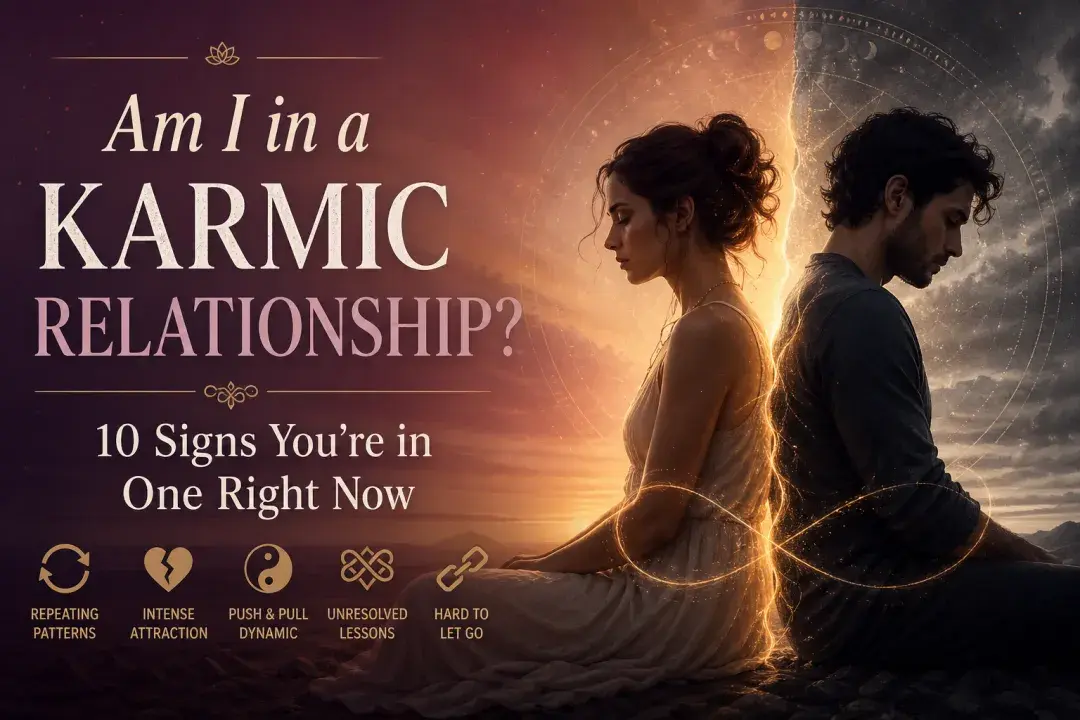 A couple sitting back-to-back under a glowing spiritual light, symbolizing a karmic relationship with emotional tension, duality, and unresolved connection.