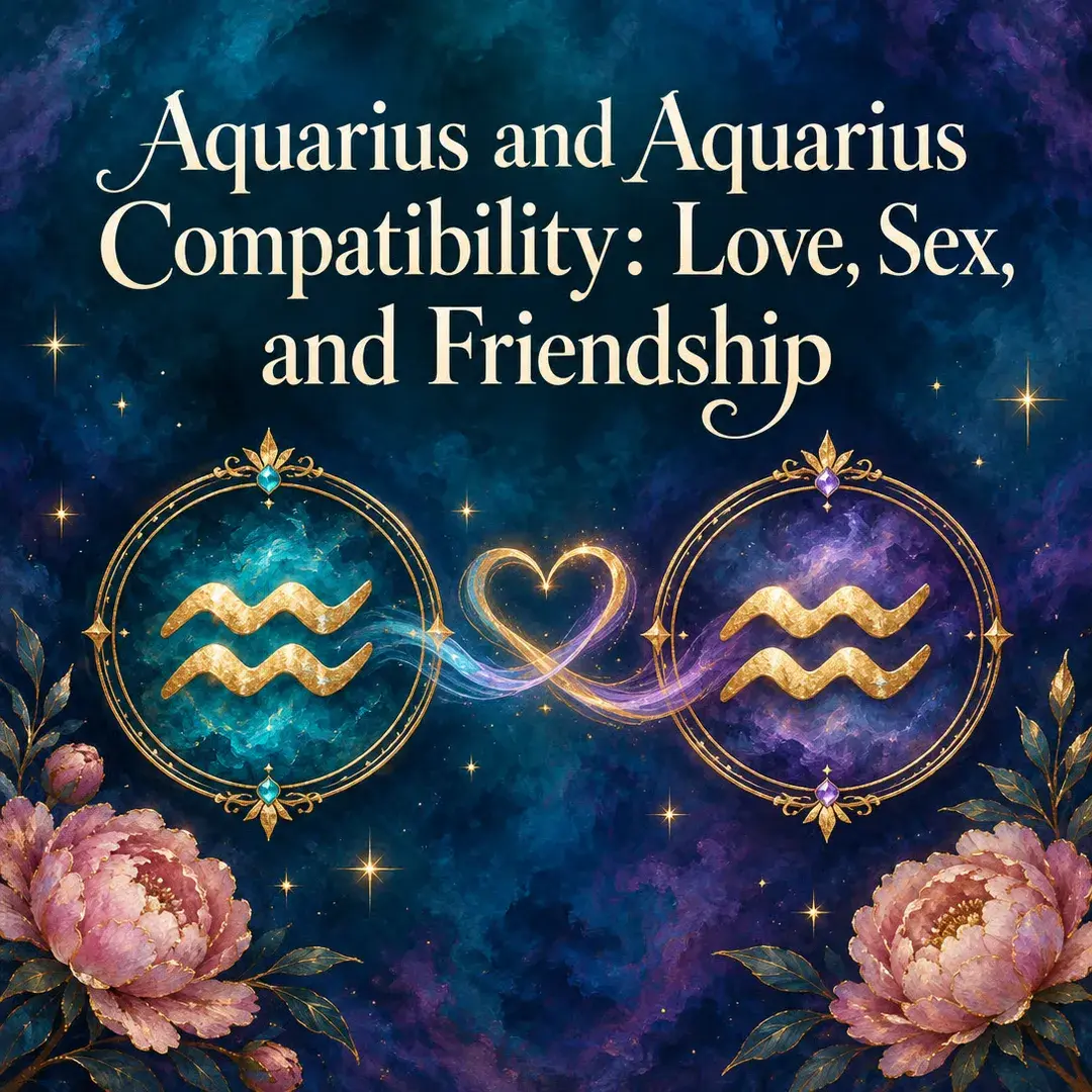 Two Aquarius symbols joined by a glowing heart with peonies