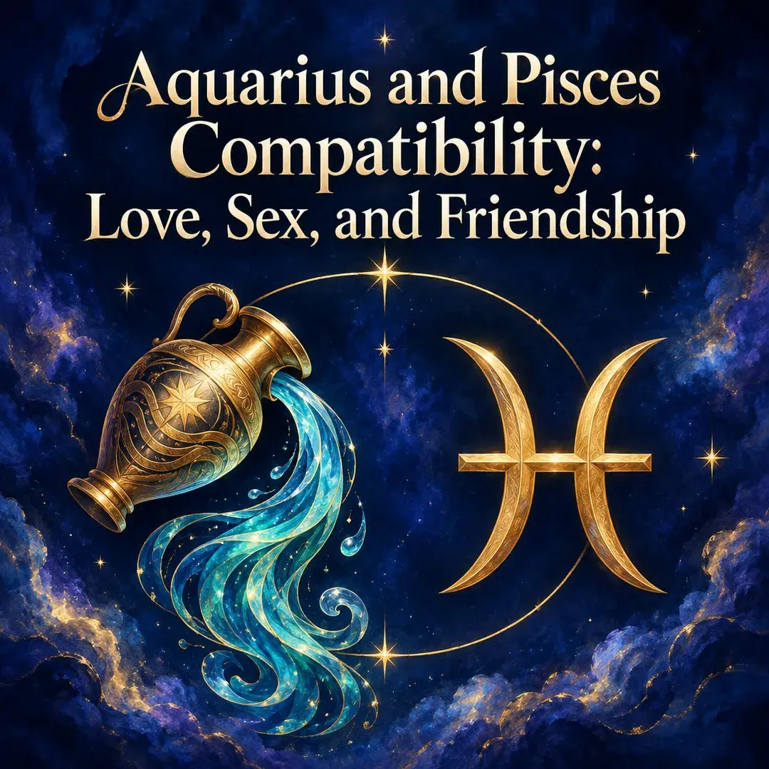 Gold urn pouring water beside the Pisces symbol on deep blue