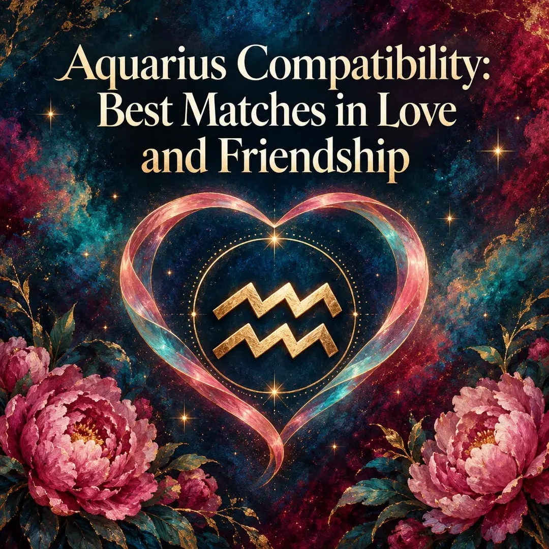 Gold Aquarius symbol inside a glowing heart ribbon with peonies