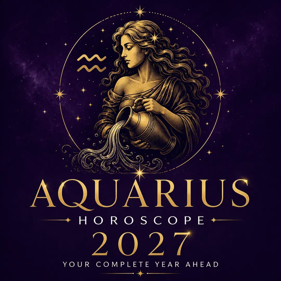 Gold Aquarius water bearer and zodiac symbol on a deep violet background with “Aquarius Horoscope 2027: Your Complete Year Ahead.”
