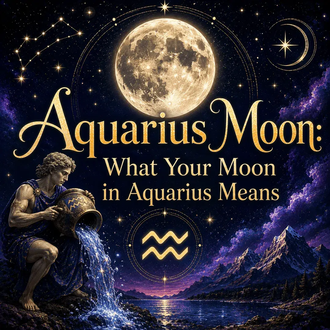 Celestial Aquarius Moon graphic with a glowing full moon, Aquarius symbol, water bearer, stars, mountains, and reflective lake.
