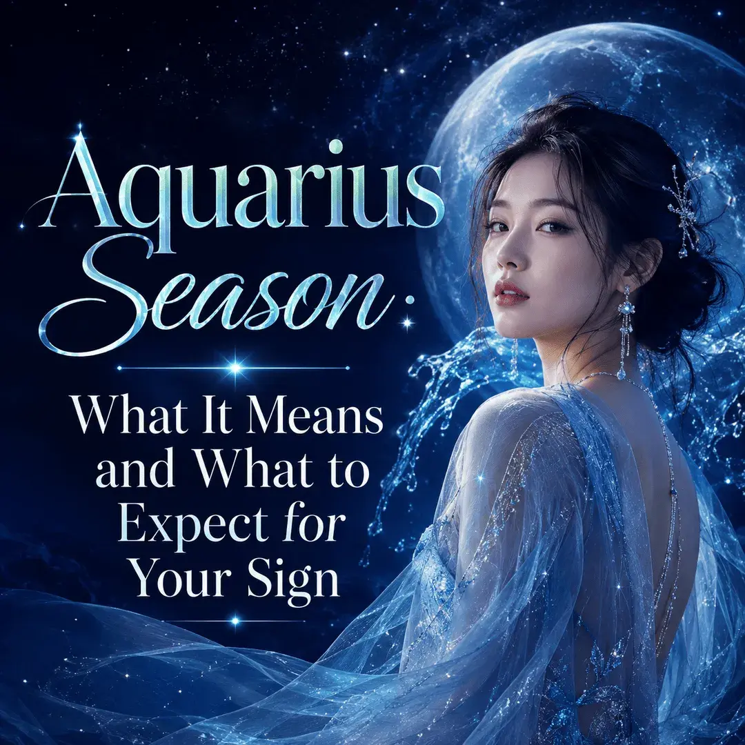 Aquarius Season astrology graphic featuring a woman, celestial water imagery, a glowing moon, and the title What It Means and What to Expect for Your Sign.