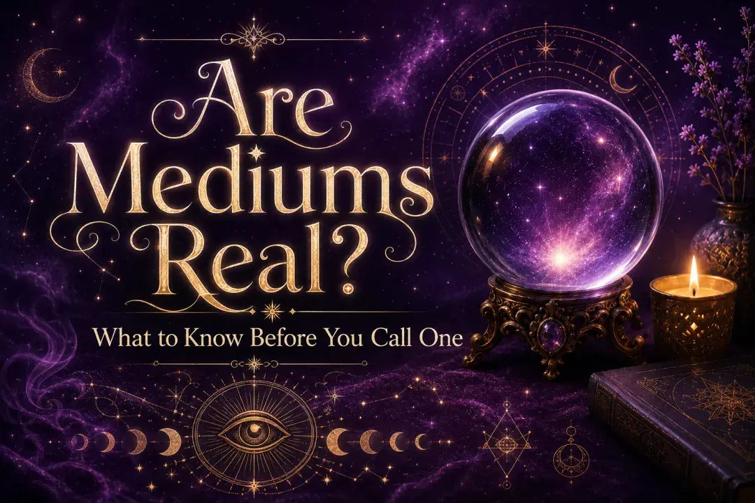 Mystical purple image with a crystal ball, candle, psychic symbols, and the words “Are Mediums Real? What to Know Before You Call One.”