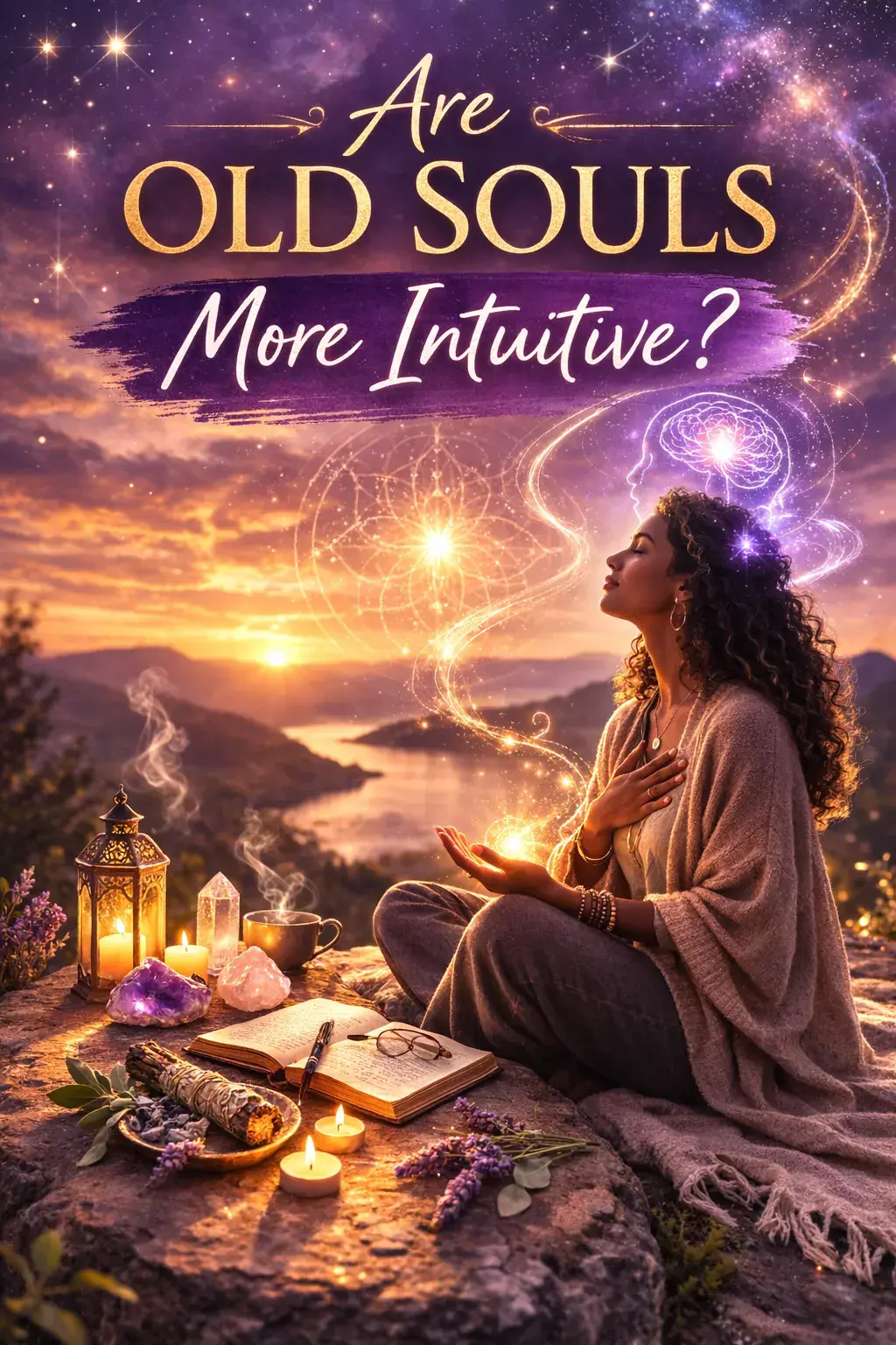 spiritual illustration of a woman meditating with crystals and tarot cards exploring whether old souls are more intuitive or psychic