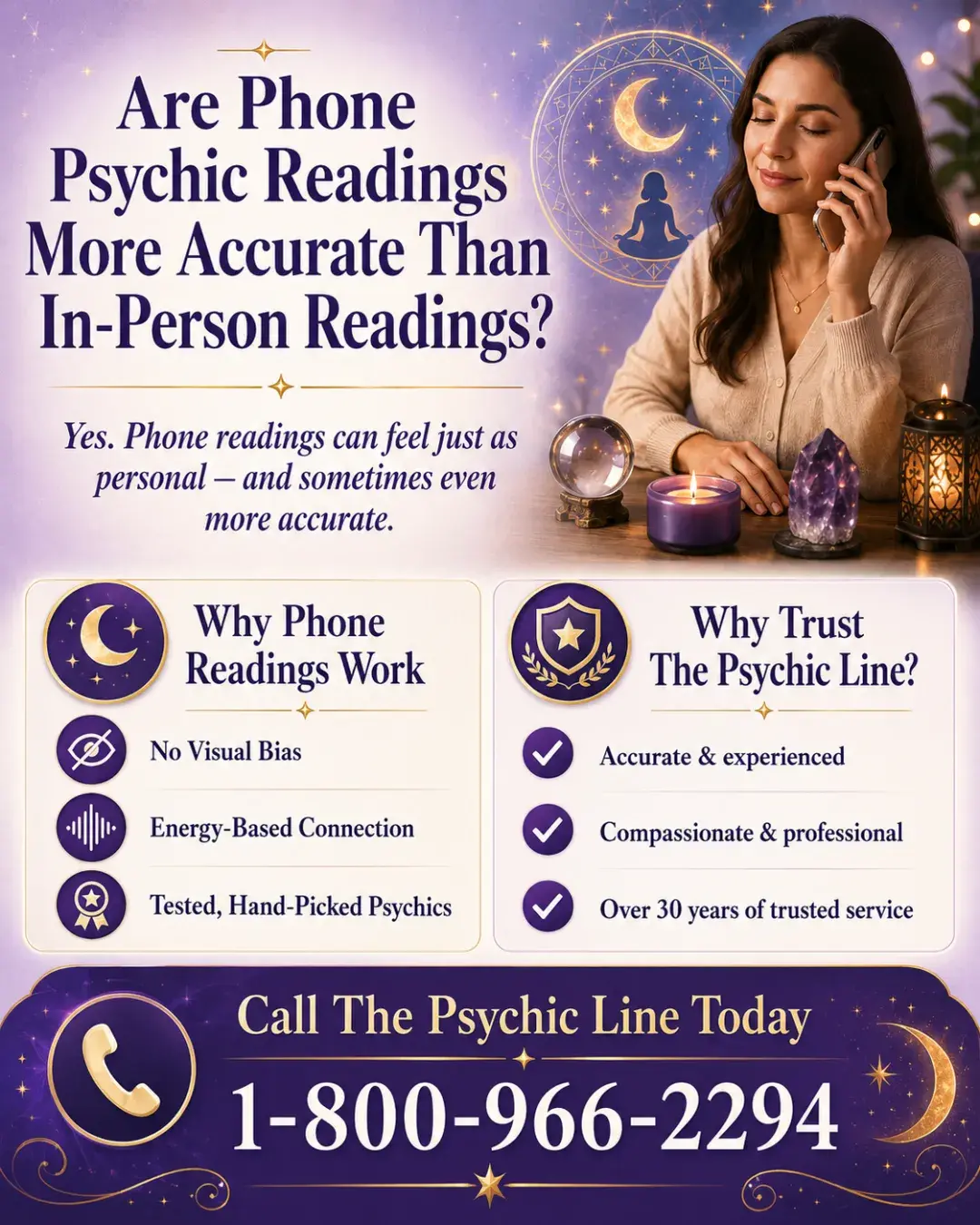 Woman receiving a phone psychic reading with candles, crystals, and mystical purple and gold accents.