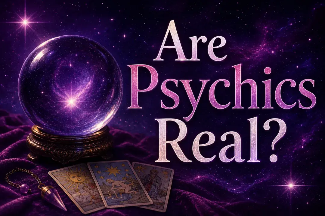 Crystal ball, tarot cards, and pendulum on a purple velvet cloth with the words “Are Psychics Real?” against a starry purple background.