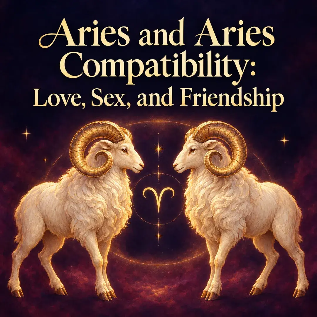 Two golden rams facing each other over the Aries symbol
