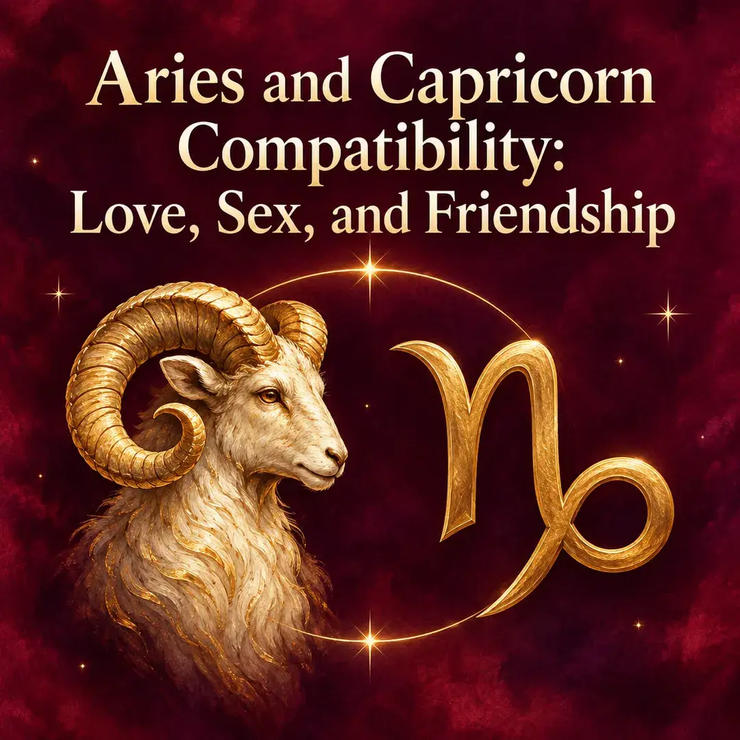 Golden ram beside the Capricorn symbol on crimson