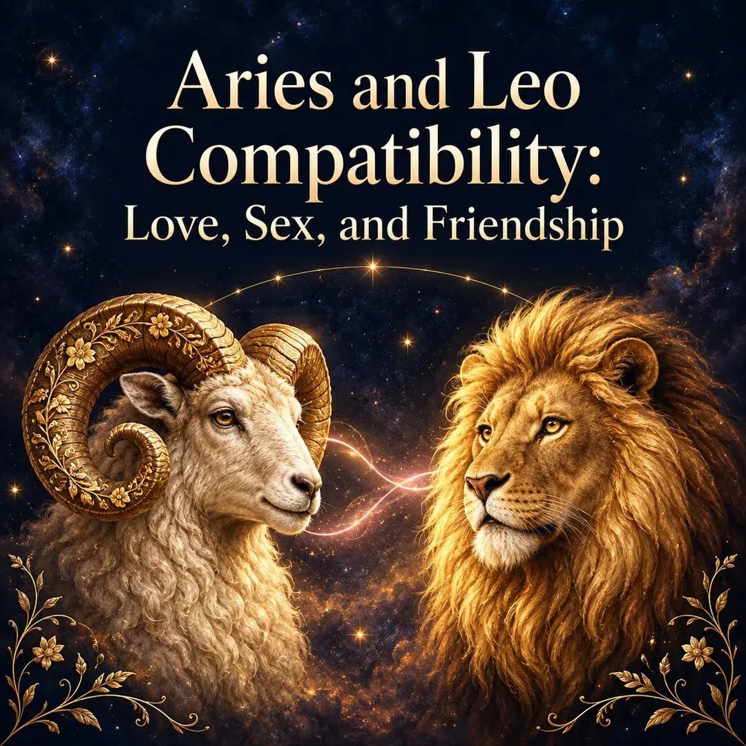 Golden ram and lion facing each other under a starry sky
