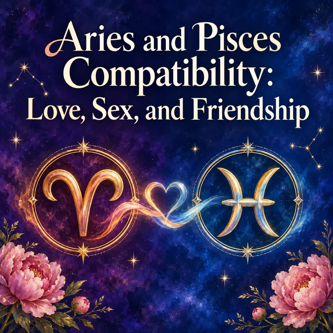 Aries and Pisces symbols joined by a glowing heart