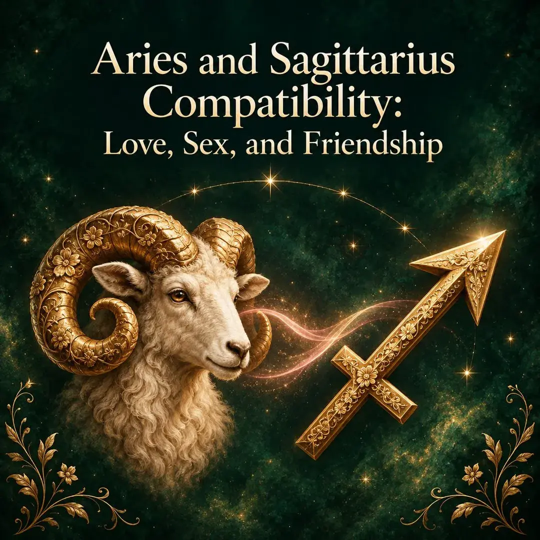Golden ram beside a gold Sagittarius arrow on a green starry sky