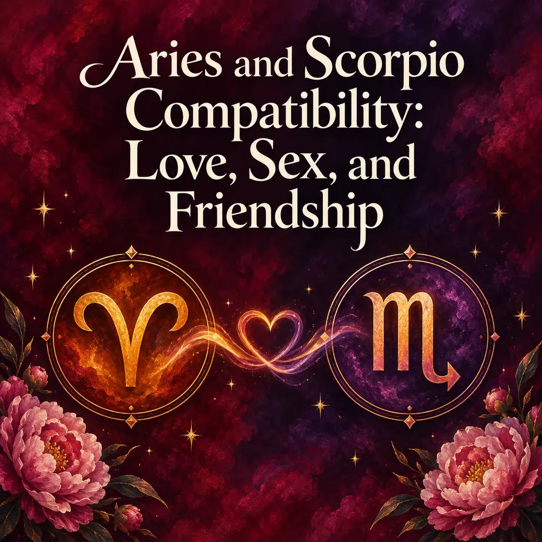 Aries and Scorpio symbols joined by a glowing heart with peonies