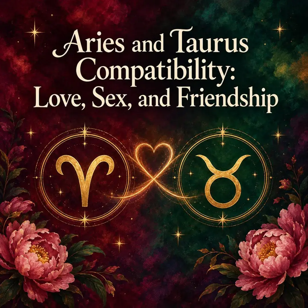 Gold Aries and Taurus symbols joined by a glowing heart with peonies