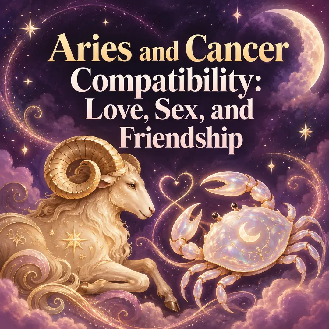 Whimsical celestial ram and crab representing Aries and Cancer compatibility.