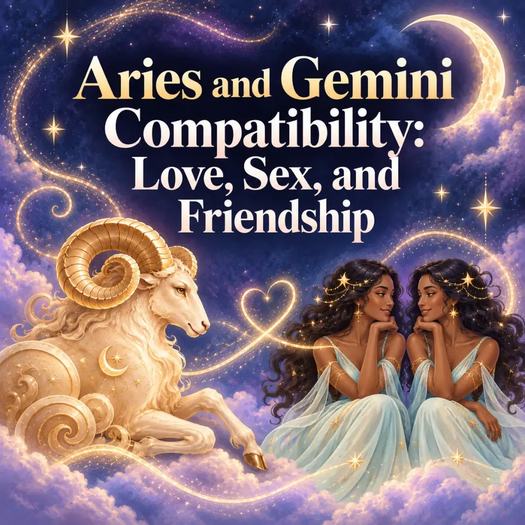 Whimsical ram and celestial twins representing Aries and Gemini compatibility.