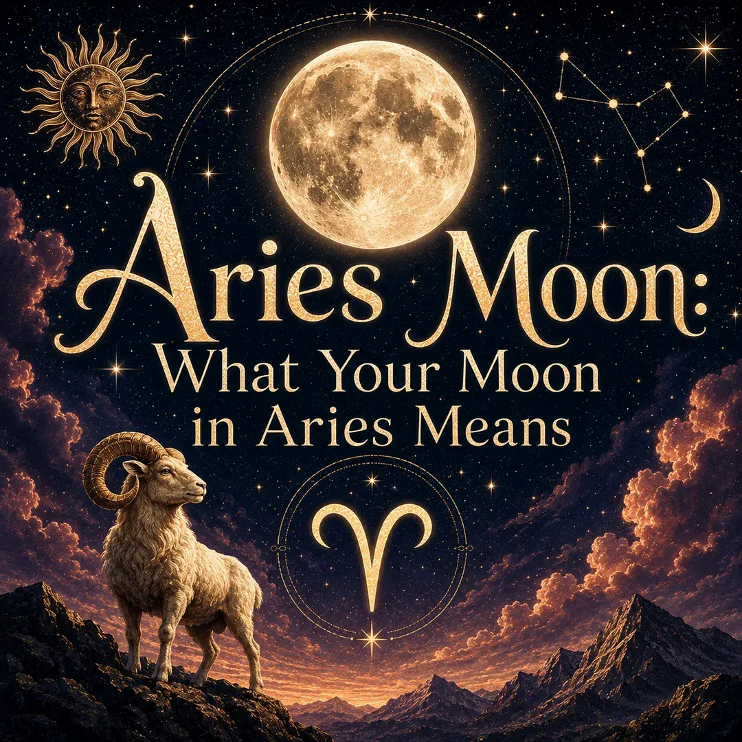 Celestial Aries Moon graphic with a glowing full moon, Aries symbol, golden ram, stars, and mountain landscape.