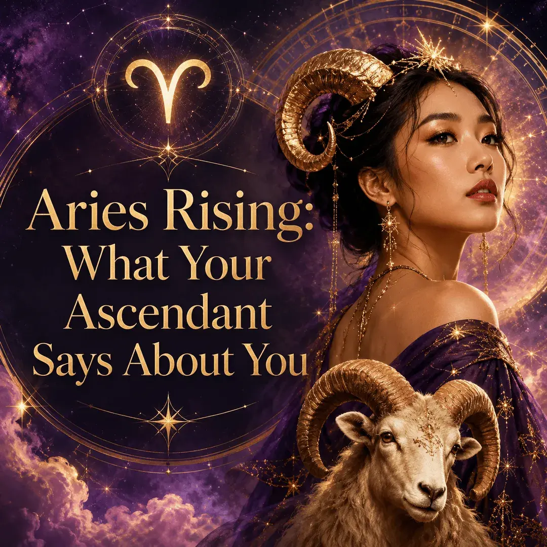 Celestial Aries Rising image with a woman, a ram, and glowing gold astrology details against a purple cosmic sky.
