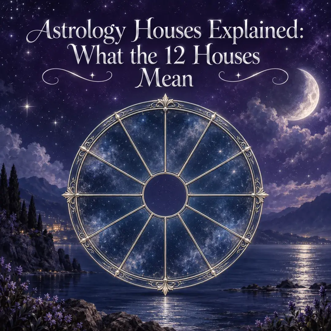 A silver twelve-section astrology wheel beneath a violet starry sky.