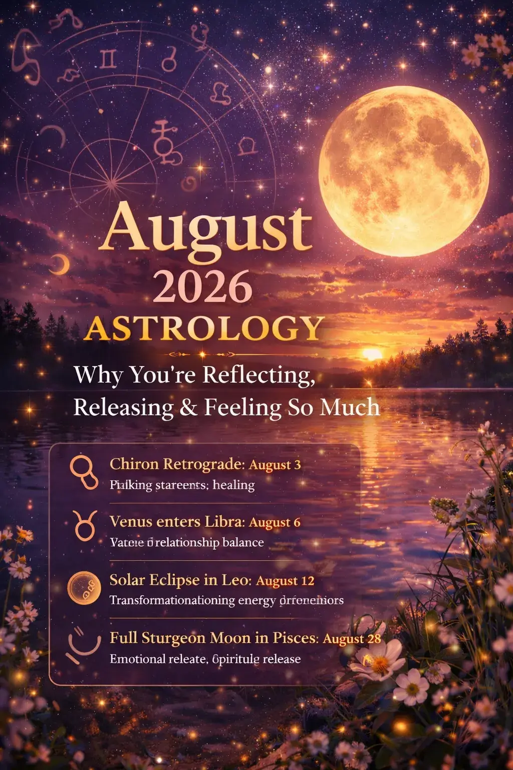 August 2026 astrology with Sturgeon Moon over water at sunset representing reflection, emotional release, and eclipse energy