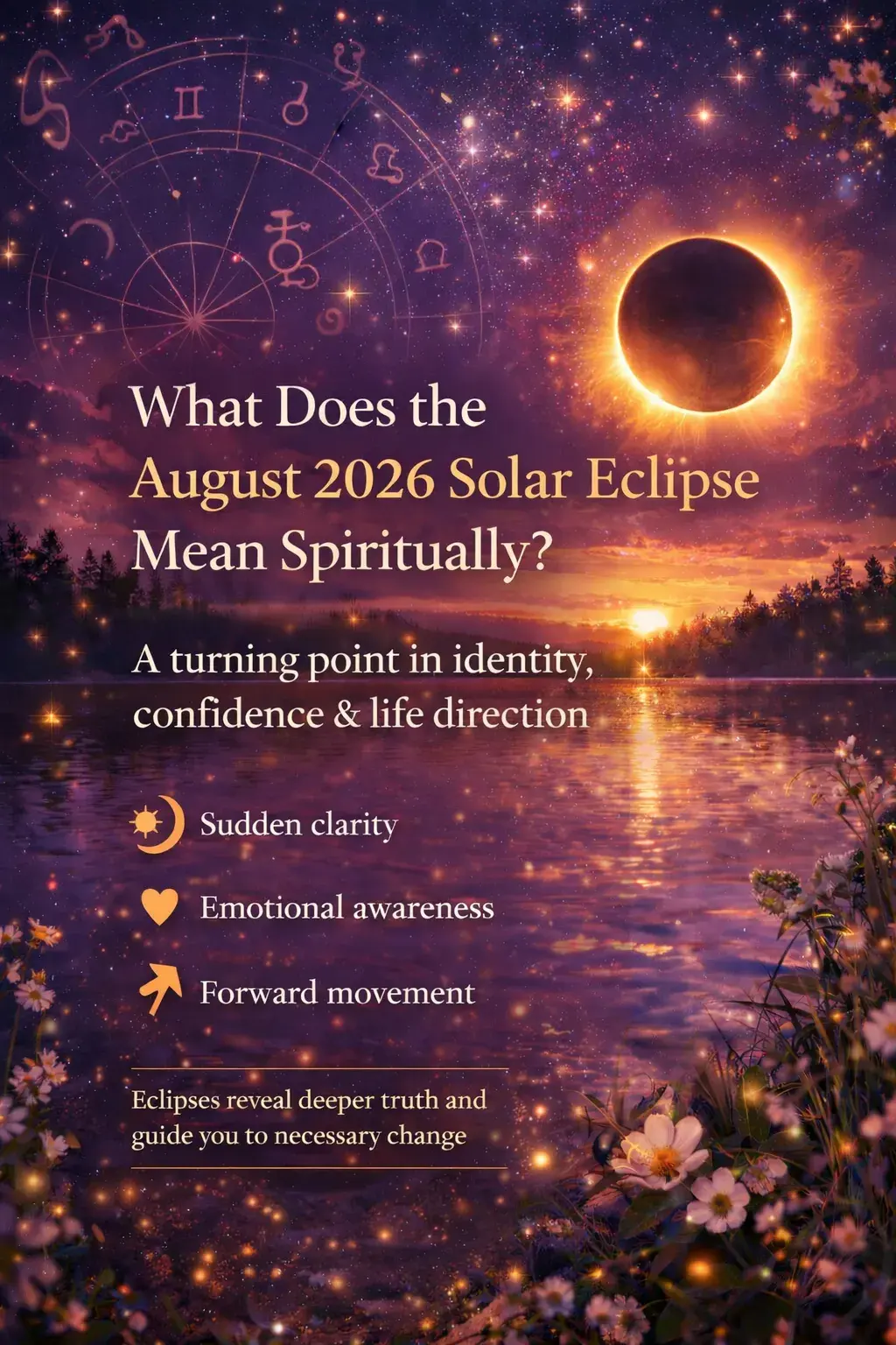 August 2026 solar eclipse over a lake at sunset representing spiritual change, sudden clarity, emotional awareness, and new direction