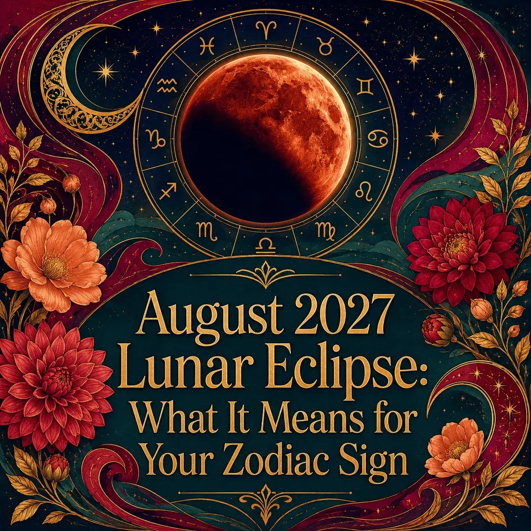 Crimson lunar eclipse surrounded by a golden zodiac wheel, dahlias, stars, and colorful celestial swirls.