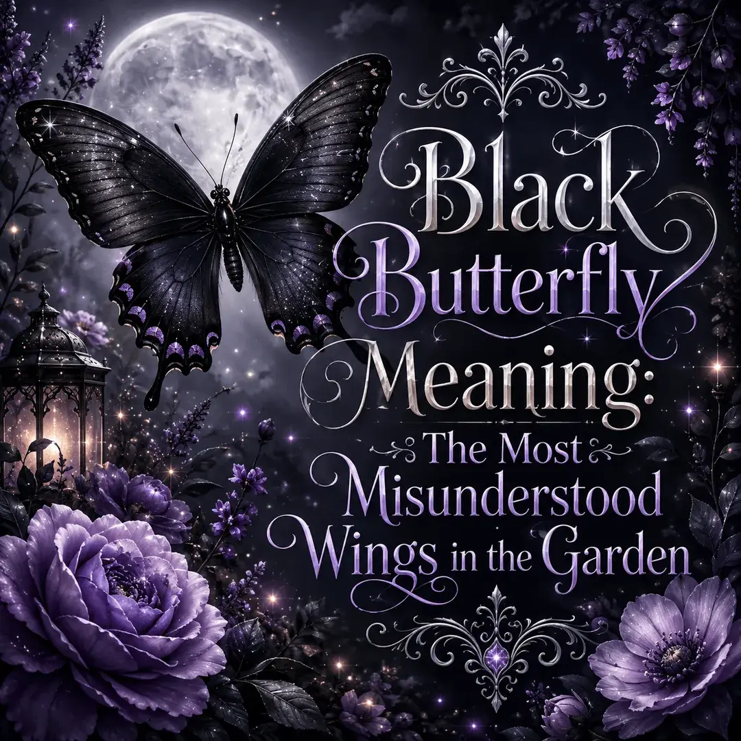 Black butterfly meaning illustration showing a black butterfly as a spiritual symbol of transformation, mystery, protection, change, and inner strength.