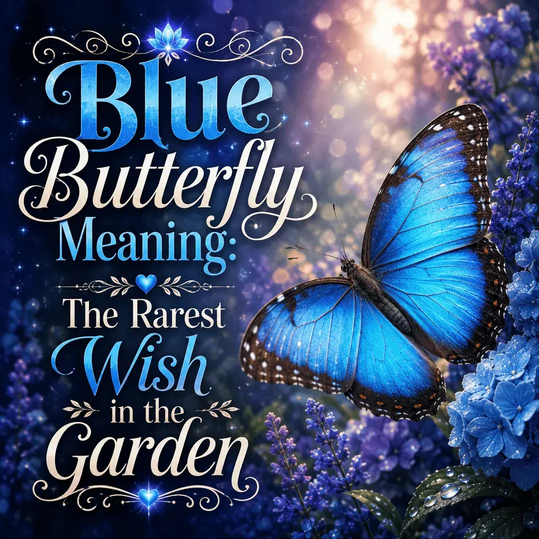 Blue butterfly meaning illustration showing a vivid blue butterfly as a spiritual symbol of hope, transformation, rare opportunities, and wishes coming true.