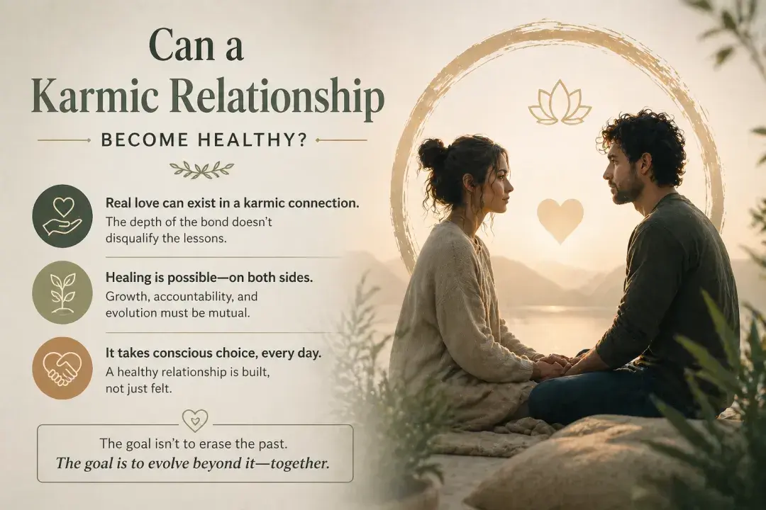 A couple sitting face-to-face holding hands with a soft glowing light between them, symbolizing healing, growth, and the possibility of a karmic relationship becoming healthy.