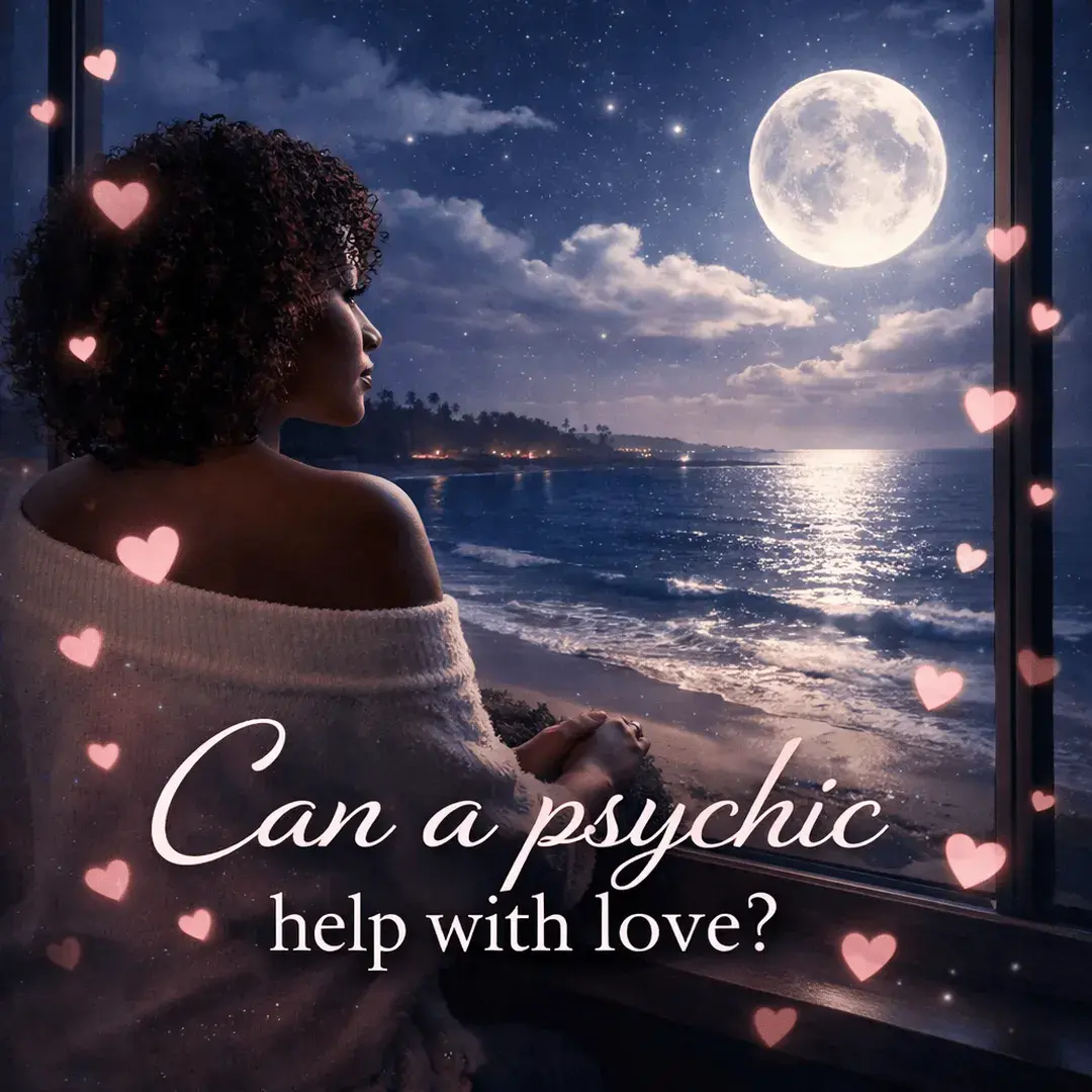 Black woman looking out a large window at a moonlit beach at night, symbolizing love, hope, and psychic guidance