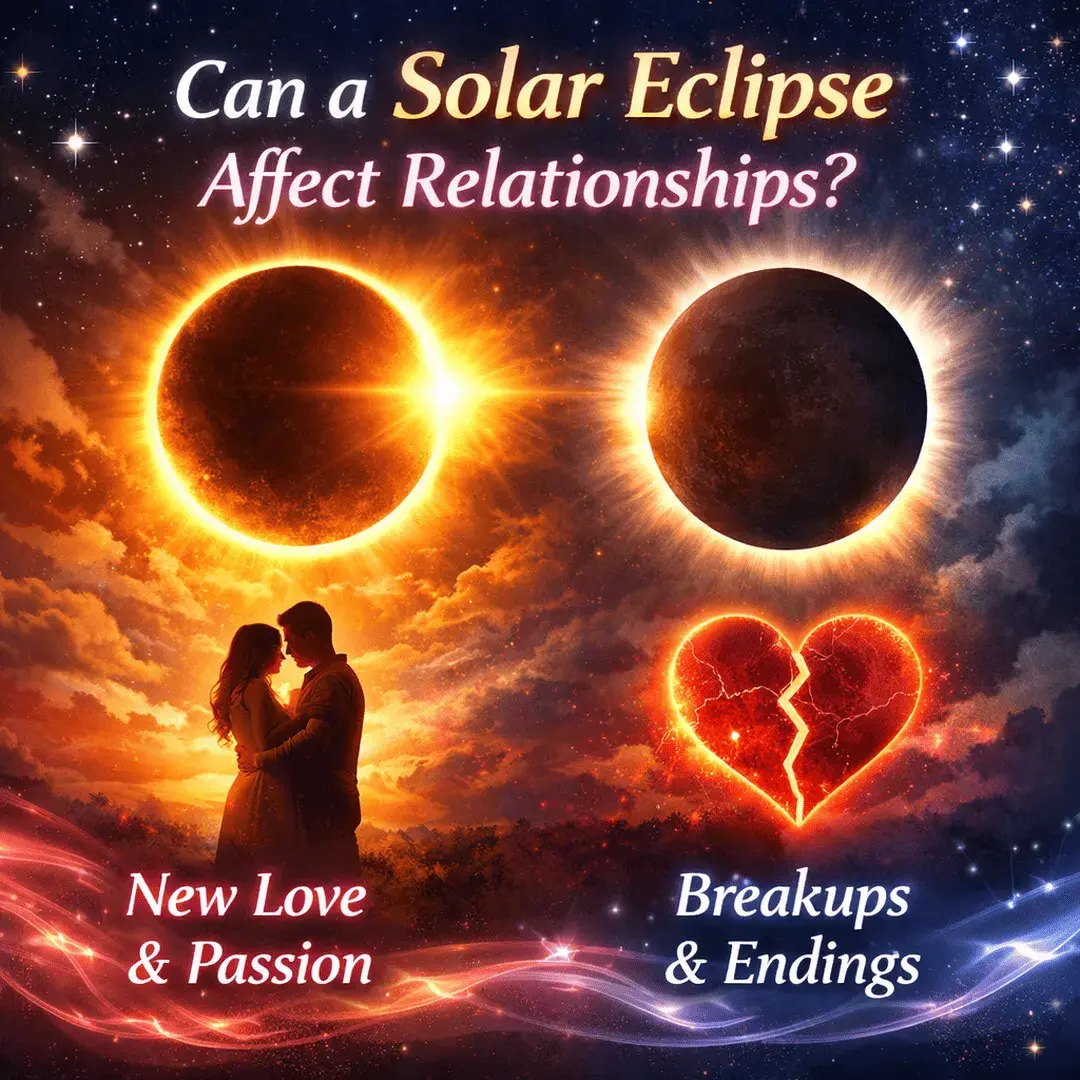 Solar eclipse affecting relationships showing couple in love and broken heart symbolizing new love passion breakups and emotional transformation