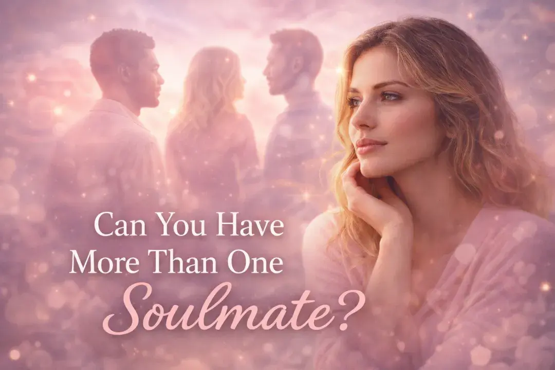 Woman reflecting on past relationships with soft silhouettes representing multiple soulmate connections and emotional growth over time